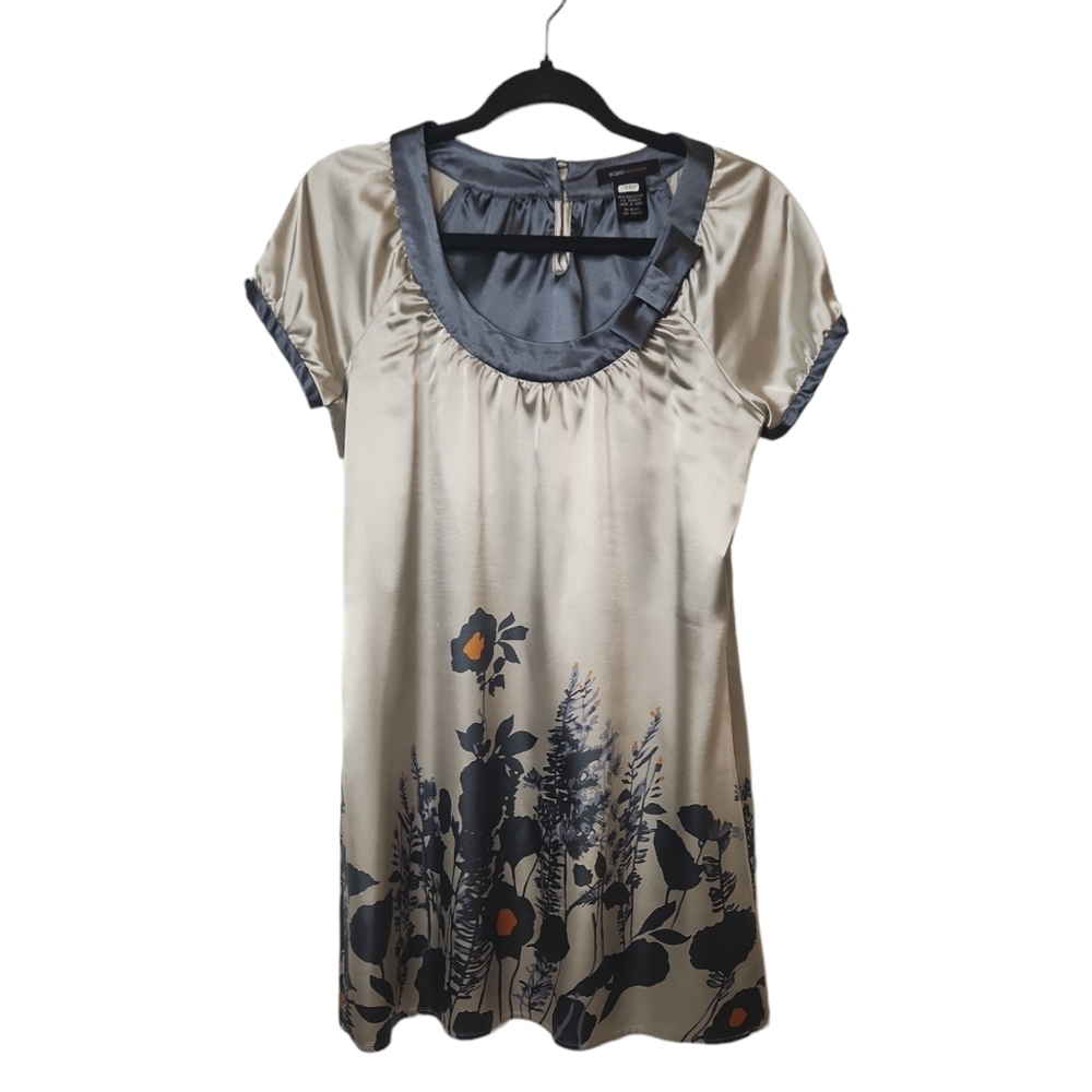 BCBGMAXAZRIA Women's Silvertone Gray Y2k Satin Floral Dress Size S
